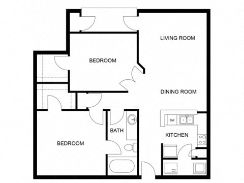 Floor plan for 2 beds, 1 bath, 893 sqft